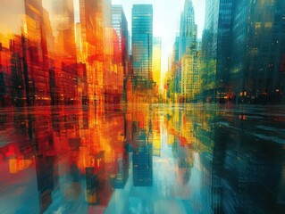 Fototapeta premium urban reflections creating a mesmerizing kaleidoscope of colors and shapes, showcasing the intricate beauty of a bustling cityscape with glass and light interplay