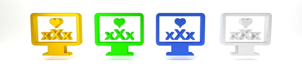 Colorful Computer monitor with 18 plus content heart icon isolated on white background. Age restriction symbol. Sex content sign. Adult channel. Minimalism concept. 3D render illustration