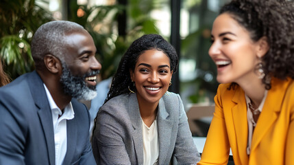 diverse group of professionals collaborating on innovative ideas, sharing laughter and insights in modern workspace. Their expressions reflect joy and teamwork