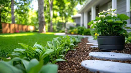 A lush verdant garden showcasing compost bins and highlighting the benefits of eco friendly gardening and organic waste recycling practices  The image promotes sustainability