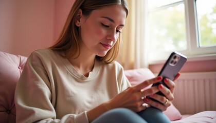 Fototapeta na wymiar Woman Using Smartphone on Sofa: Relaxed Mobile Browsing at Home