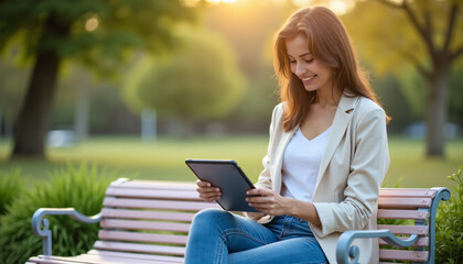 Obraz premium Woman Using Tablet in Park: Outdoor Relaxation and Technology
