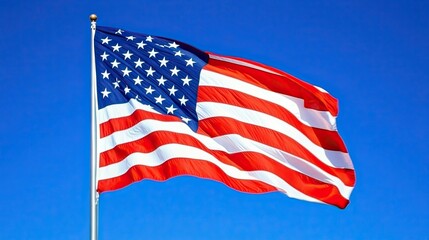 Fototapeta premium The American flag waves proudly in the wind against a bright blue sky, symbolizing freedom and patriotism.