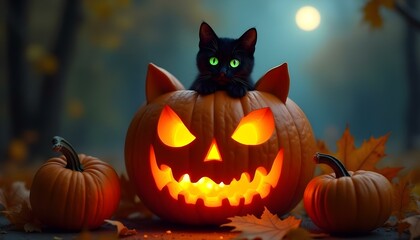 Cat and Jack-o'-Lantern Under the Full Moon and Stars Spooky Halloween Night Carved Pumpkin Lantern 