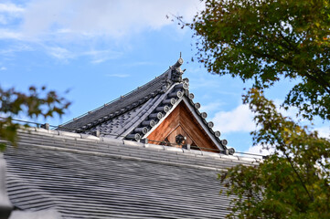 Close-up of the roof of Tenryuji Temple in Kyoto, Japan with trees. Roof tile pattern. Major tourist attraction in Kansai region in Japan. Japan famous historic architecture. Building structure.
