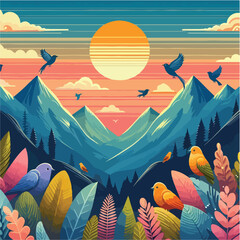 sunset over mountains and tree bird Design
