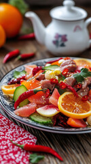 Plate of Chinese-Style Braised Meat with Colorful Fruits and Vegetables