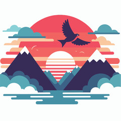 sunset over mountains and tree bird Design
