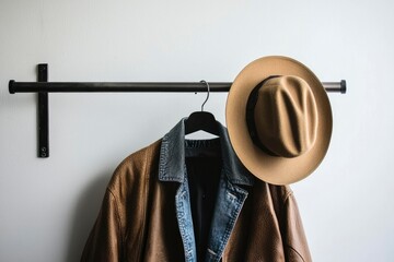 Brown Leather Jacket and Denim Shirt Hanging with a Brown Hat