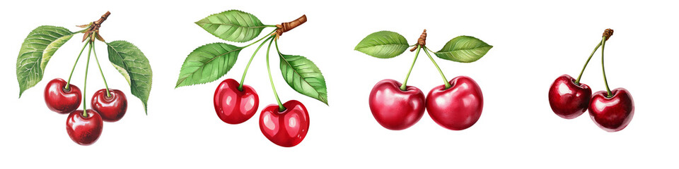 Cherries with green leaves isolated on a white background. transparent background.