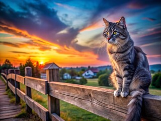 Obraz premium Long Exposure of a Cat on a Fence at Dusk - Capturing the Serenity of Twilight