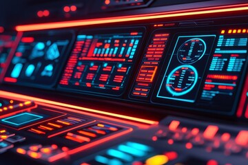 Obraz premium A futuristic control panel illuminated with vibrant red and blue lights, displaying various digital readouts and controls.