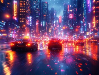 vibrant neon cityscape at night, where abstract shapes blur into a bokeh of bright colors, creating a dynamic and futuristic atmosphere filled with electric energy