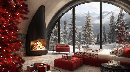 Cozy Christmas bedroom with snow mountain view