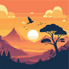 sunset over mountains and tree bird Design
