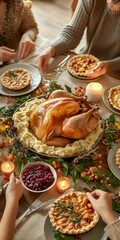 Thanksgiving dinner with roasted turkey, pies and mashed potatoes.
