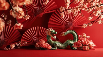 Dragon with Red Fans and Blossoms