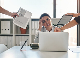 Office, laptop and businesswoman with anxiety for multitasking, chaos and lack of time management....