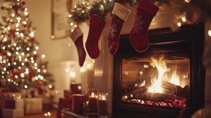 Bokeh photo of create a cozy scene of a fireplace with christmas stockings hanging above it, surrounded by festive decorations like garlands and candles, with a warm glow from the fire. a warm firepla