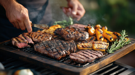 Grilled meat and vegetable platter on a wooden board