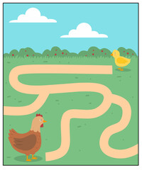 maze worksheet for kids, labyrinth activity, finding way printable with animal theme, help the chick find the hen