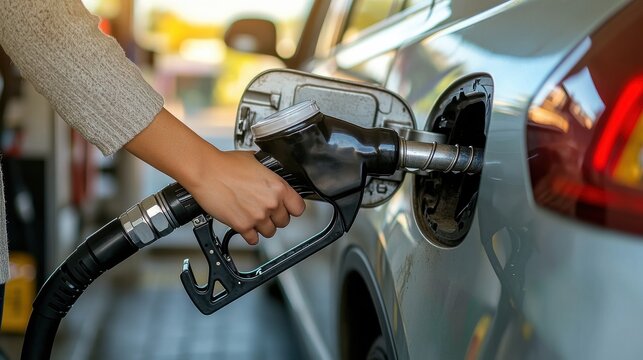A close up of a person pumping gas into a car at a gas station.