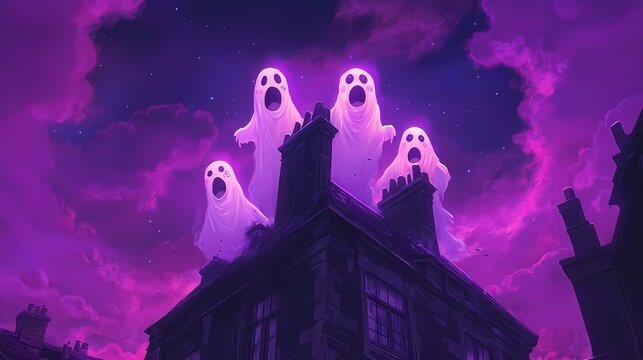 Eerie ghostly figures rise above a haunted house under a dramatic purple sky.