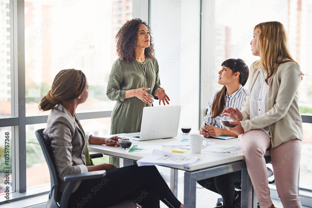Poster manager, training and group of business women in meeting, coaching or learning in creative startup. 