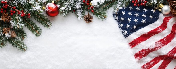 American flag is lying in the snow, with white space above it. The background features an American flag and Christmas tree branches, creating a festive atmosphere for U.S. holiday celebrations. 