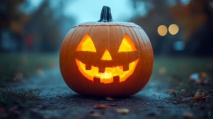 Fototapeta premium Halloween pumpkin head jack-o-lantern with scary face in the forest