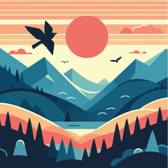 sunset over mountains and tree bird Design
