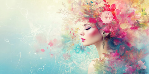 Dreamy floral portrait: woman merging with colorful blossoms and abstract patterns