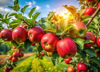 Lush Green Apple Tree with Juicy Red Apples in Countryside Orchard - Organic Fruit Harvesting Scene