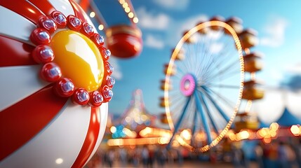 Fototapeta premium Capture the essence of summertime festivities with this vibrant scene of a bustling carnival featuring a towering Ferris wheel dazzling lights and a lively crowd enjoying the thrilling atmosphere