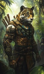 Jaguar warrior stands in lush jungle.