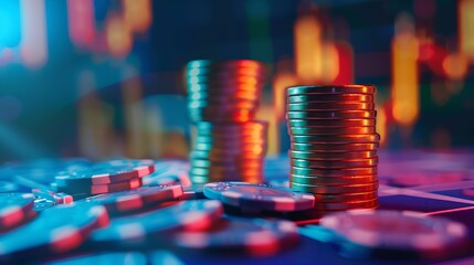 A close-up of stacked poker chips and coins on a gaming table with a blurred digital background.