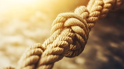 Complex web of interconnected ropes symbolizing intricate business relationships and antitrust challenges, with a focused foreground rope representing the effort to break monopolies.