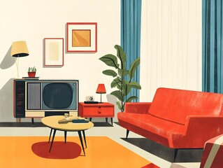 Retro Inspired Mid Century Modern Living Room with Vibrant Colors and Stylish Furnishings