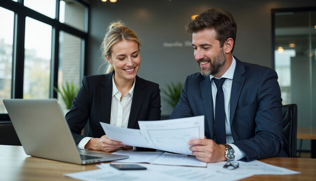 Professionals team talking planning project at work. Attorney or bank manager consulting client investor in office. Two happy executives working on laptop discussing financial documents at meeting.