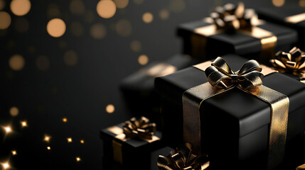 Elegant black gift boxes with golden ribbons on black background