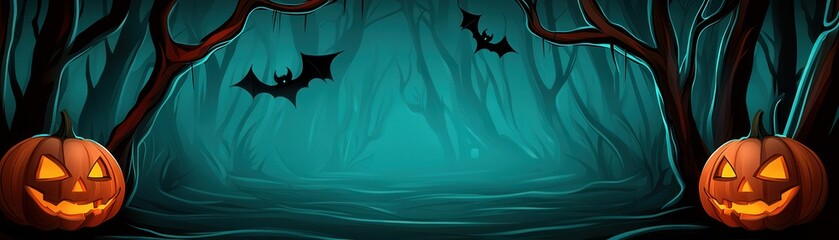 A spooky Halloween scene featuring glowing jack-o'-lanterns, bats, and eerie trees set against a dark, misty background.