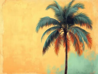 vintage-style tropical illustration showcasing a tall palm tree with detailed fronds swaying gently against a light pastel background, evoking a sense of paradise and relaxation