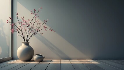 Minimalist interior with sunlit vase and blossoms on wooden floor