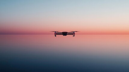 A giant ocean-cleaning drone hovering over a calm sea, clear sky and horizon providing large areas of copy space around the drone