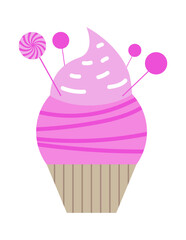 Tasty ice cream flat cartoon isolated icon on white background. Vector illustration. Sweet sticker for street food, confectionery, bar, restaurants, snacks.	