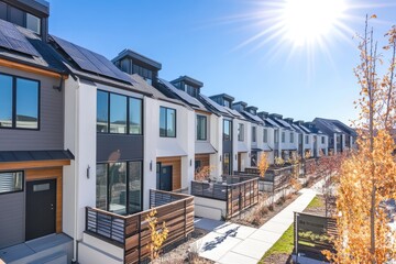Obraz premium Modern Townhouse with Solar Panels. AI generated illustration.