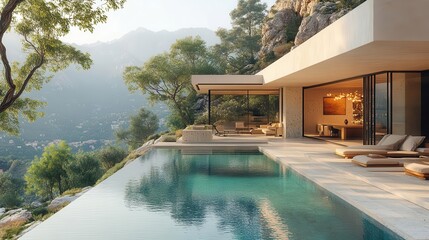 Fototapeta premium modern luxury house overlooking a serene swimming pool and majestic mountains the architectural design showcases elegance and tranquility blending seamlessly with nature