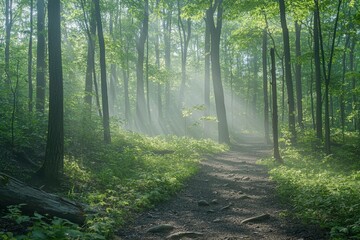 Obraz premium Sunbeams Illuminating a Foggy Forest Path