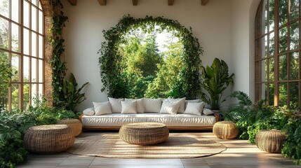 Fototapeta premium modern minimalist balcony interior adorned with green plants white accents and golden details seamlessly blending comfort and elegance in a realistic photographic style