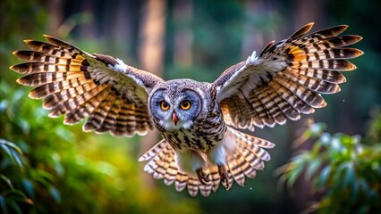 Fototapeta premium Macro Photography of an Owl in Flight Captured with AI Generative Technology for Wildlife Enthusiasts and Nature Lovers
